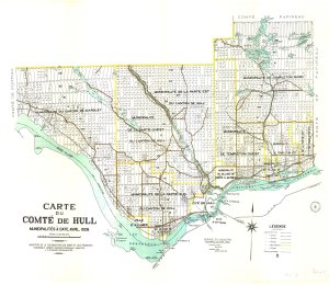 Thomas Kirk,  Carte de comté du Québec à l'échelle de 1:63 360 .   Hull , Carte du comté de Hull et Gatineau, Centre d'archives de Québec, Collection des cartes et plans de la BAnQ, Numéro d’identification : 2669884_01  