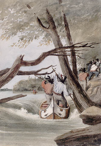 Rapides des Chats, près d'Ottawa. ca. 1838-1841. Aquarelle avec raclage sur crayon sur papier vélin. Bainbrigge, Philip John, 1817-1881. BAC- MIKAN no. 2896108.