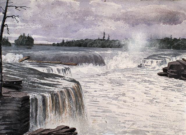 Chutes Chaudière. Juillet 1838. Aquarelle avec raclage sur crayon sur papier vélin. Bainbrigge, Philip John, 1817-1881. BAC- MIKAN no. 2896137.