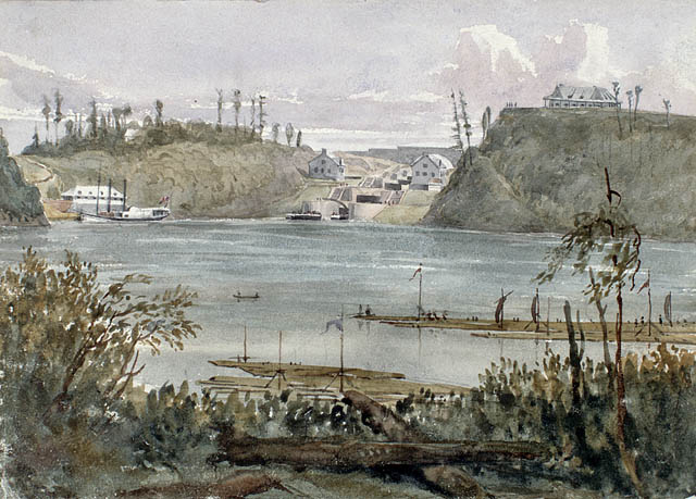 Entrée du canal Rideau, Bytown, vers 1838. Aquarelle sur crayon sur papier vélin. Bainbrigge, Philip John, 1817-1881. BAC -MIKAN no. 2896304.