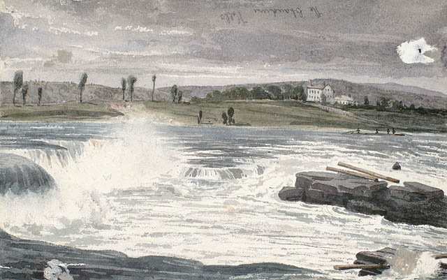 Les chutes Chaudière.  ca 1836-1842. Aquarelle avec raclage sur crayon sur papier vélin. Bainbrigge, Philip John, 1817-1881. BAC- MIKAN no. 2896084.