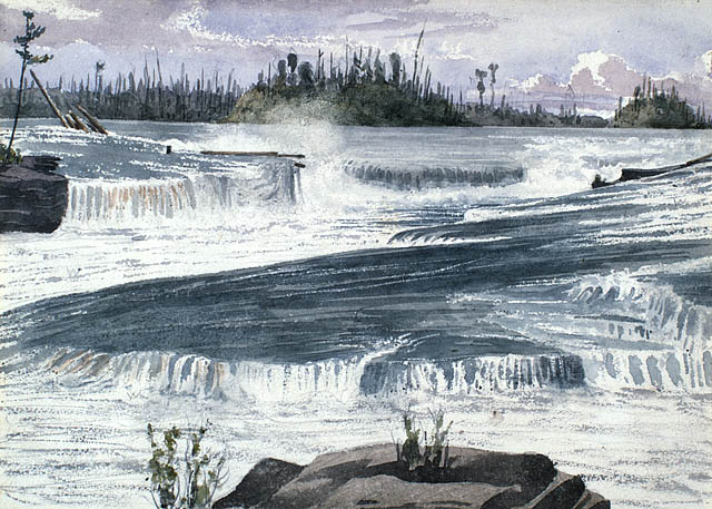 Les chutes Chaudière, vues de Bridge House, Ottawa. ca 1836-1842. Aquarelle sur crayon sur papier vélin. Bainbrigge, Philip John, 1817-1881. BAC- MIKAN no. 2896103.