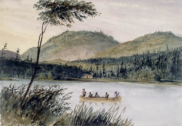 Le portage de Joachim, camp de bûcherons, près de la rivière des Outaouais.  Aquarelle sur crayon sur papier vélin. Bainbrigge, Philip John, 1817-1881. BAC- MIKAN no. 2896113