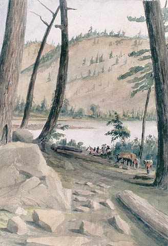 Portage le long de la rivière des Outaouais.  ca 1836-1842. Aquarelle sur crayon sur papier vélin. Bainbrigge, Philip John, 1817-1881. BAC- MIKAN no. 2895633. 