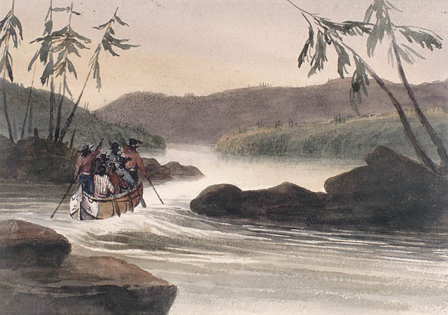 Rapides sur la rivière des Outaouais, en amont de la décharge de fer.  ca 1836-1842. Aquarelle avec pinceau et encre noire sur crayon sur papier vélin. Bainbrigge, Philip John, 1817-1881. BAC- MIKAN no. 2896081