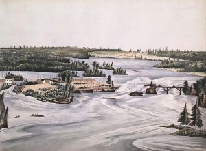 Les chutes de la Chaudière et le pont sur la rivière Outaouais, Bytown (Ottawa)- Bibliothèque et Archives Canada, c00050, MIKAN 2895118 
